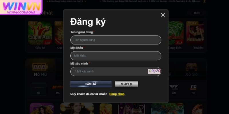 Đăng ký winvn 1 Truy cập trang chủ WinVN và bắt đầu quy trình đăng ký